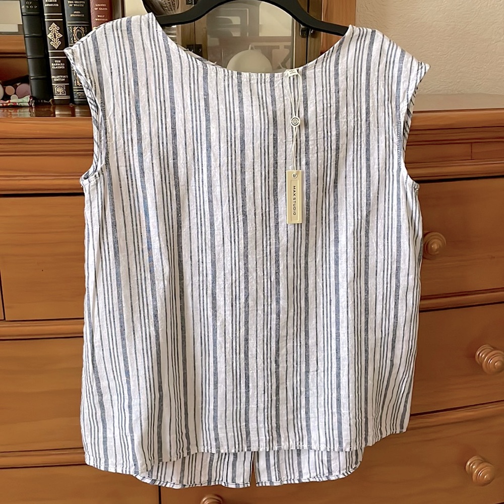 NWT Max Studio blue striped linen blend blouse